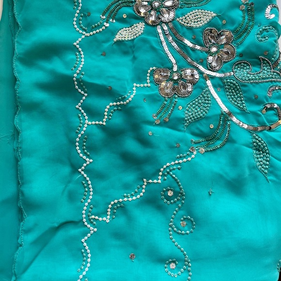 Teal Chiffon Sheer Embroidered Sequins Sari/Saree - Picture 2 of 3